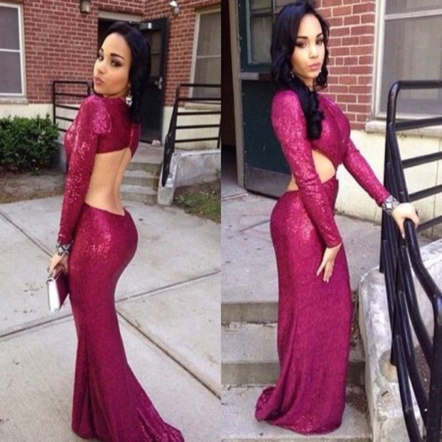 Long Sleeve Sequin Mermaid Evening Prom Dresses, Sexy Backless Purple Party Prom Dress, Custom Long Prom Dress, Cheap Party Prom Dress, Formal Prom Dress, 17027 Tunics Sophisticated sleek