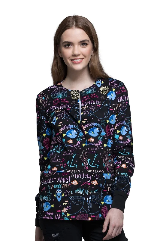 Cherokee Tooniforms Women's Snap Front Finding Dory Print Scrub Jacket X-Small Print Knit Fabric Woven Fabric Fleece Fabric