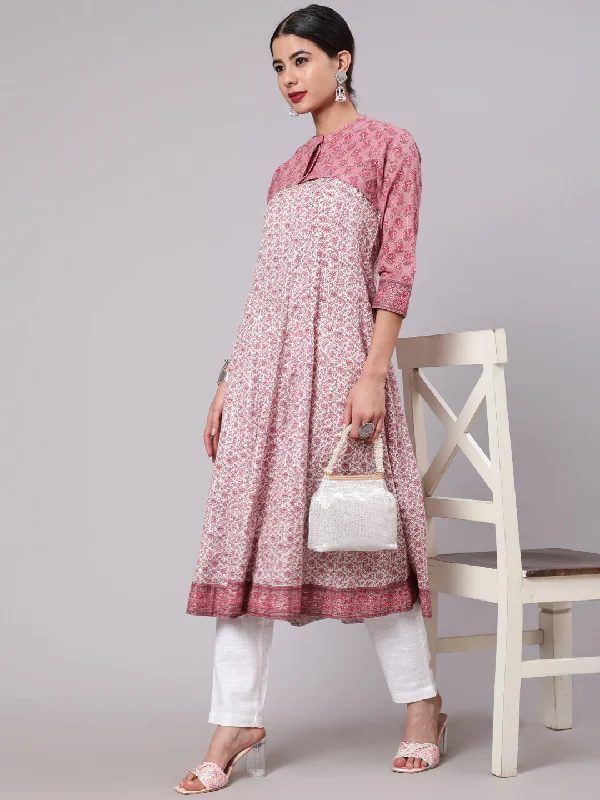 Women's White Floral Print Anarkali With Crop Jacket - Aks Toggled Jacket Drawstring Jacket Belted Jacket
