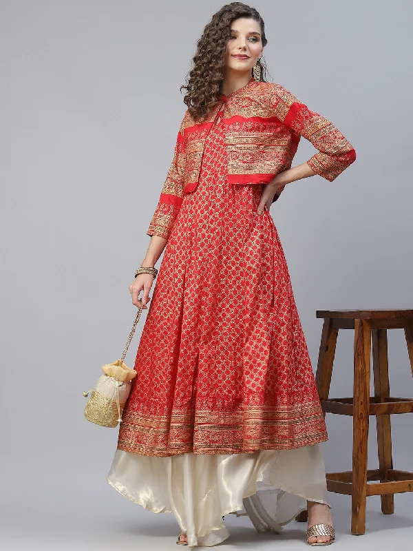 Women's Red Gold Print Anarkali With Jacket - Aks V-Neck Jacket Boat Neck Jacket Square Neck Jacket
