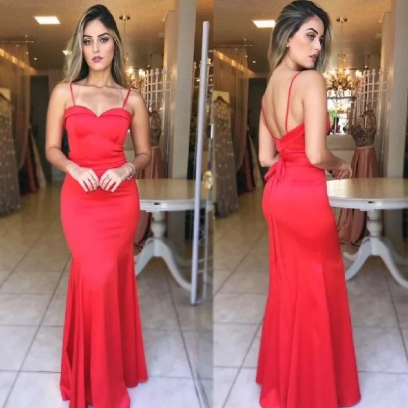 Newest Red Spaghetti Straps Prom Dress, Satin Mermaid Sexy Backless Prom Dress, KX169 Tunics Canvas sturdy