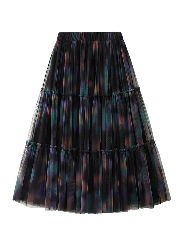 High Waist and Slim Gradient Tie-dyed Gauze Skirt ribbed skirt waist