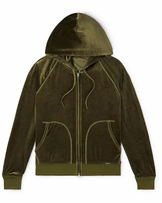 Tom Ford Velvet Zip up Hoodie In Green Hoodie with Drawstring Waist Adjustable Fitted