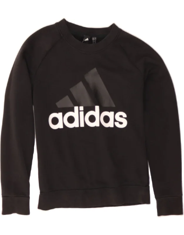 ADIDAS Womens Graphic Sweatshirt Jumper UK 4/6 XS Black Cotton Hoodie with Neon Bright Vibrant
