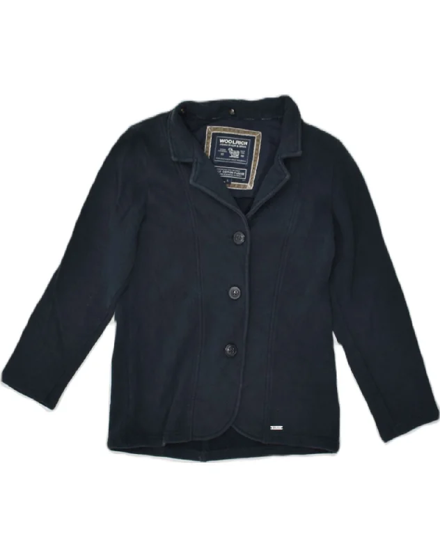 WOOLRICH Womens 3 Button Blazer Jacket UK 14 Large Navy Blue Silk One-Shoulder Jacket Off-the-Shoulder Jacket Asymmetrical Jacket