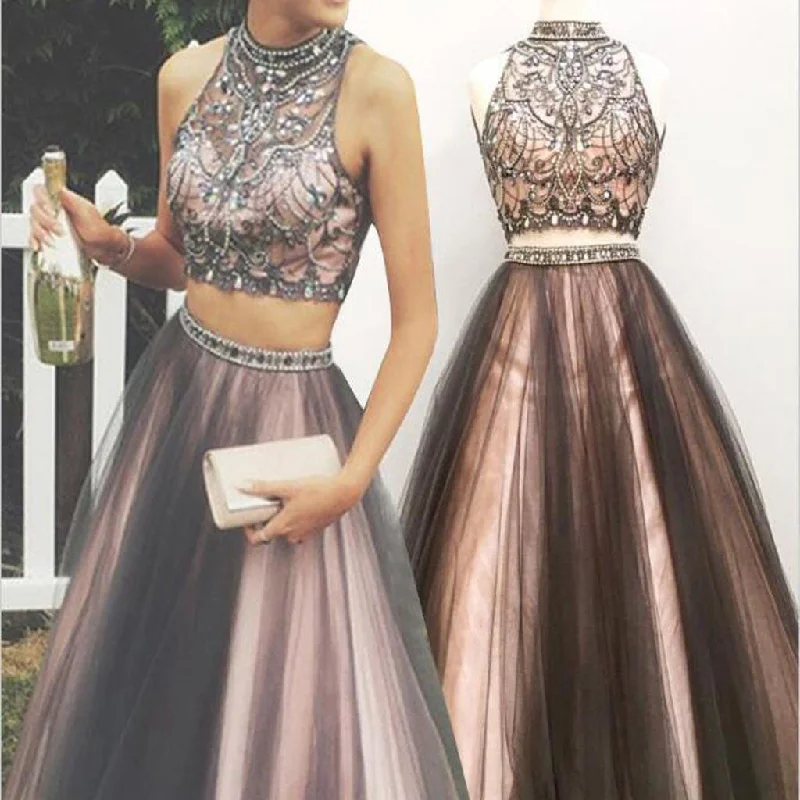 Sexy Two Pieces A line Beaded Evening Prom Dresses, Halter Long Tulle Party Prom Dress, Custom Long Prom Dresses, Cheap Formal Prom Dresses, 17085 Tunics Denim casual