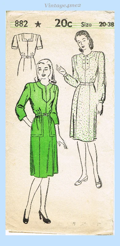 1940s Vintage New York Sewing Pattern 882 Misses WWII Day Dress Sz 38 Bust Crew Neckline Sporty