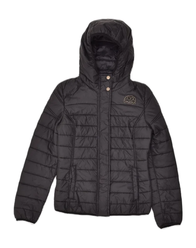 GURU Womens Hooded Padded Jacket UK 4 XS Black Polyamide Front Pockets Side Pockets Patch Pockets