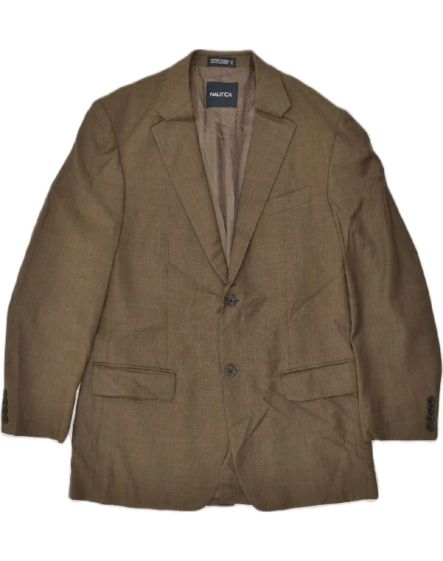 NAUTICA Womens 2 Button Blazer Jacket UK 42 XL Khaki Wool Denim Fabric Leather Fabric Suede Fabric