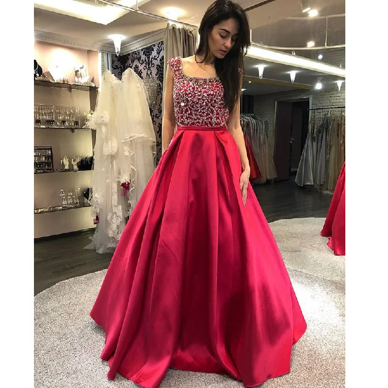 Simple Satin A-Line Prom Dresses, Beaded Backless Floor-Length Prom Dresses, KX770 Tunics Trousers formal