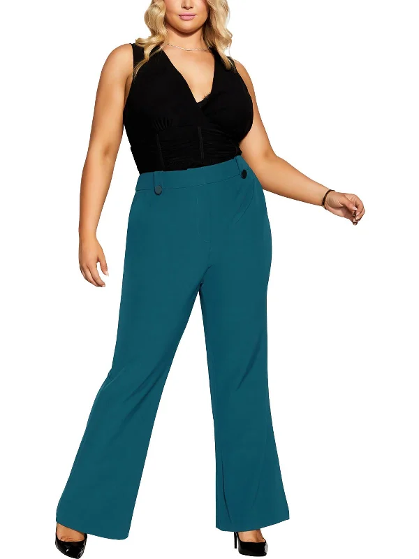 Womens Solid Polyester Wide Leg Pants Soft Stretch Trousers