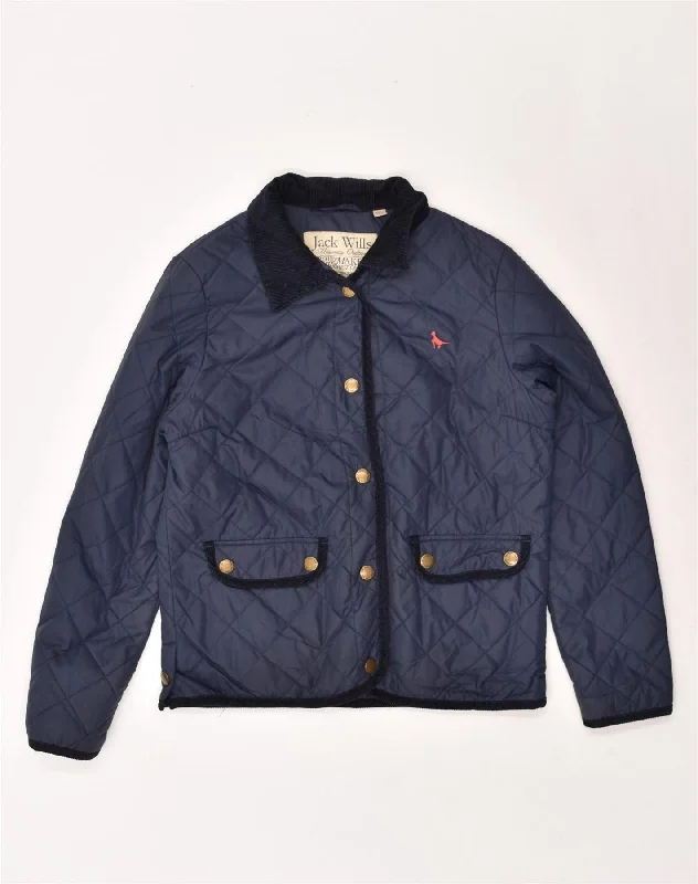 JACK WILLS Womens Quilted Jacket UK 12 Medium Navy Blue Polyester Denim Fabric Leather Fabric Suede Fabric