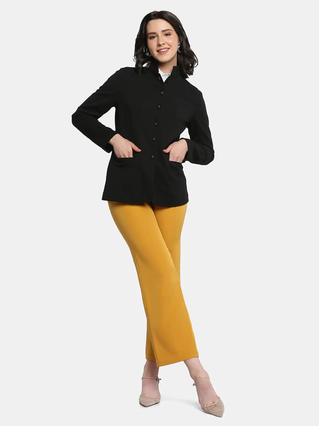 Women Solid Standard Black Collared Neck Full Sleeve Jacket Rayon Fabric Velvet Fabric Corduroy Fabric