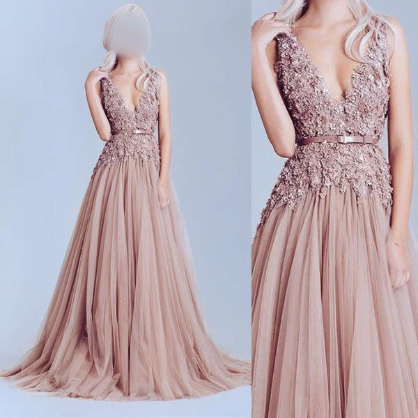Deep V Neckline Lace prom Dresses, Dusty pink prom Dress, A line Evening Prom Dress, Sexy Party Prom Dress, 17009 Tunics Ceremony elegant