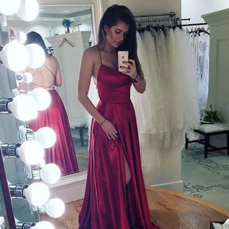 Red Spaghetti Straps Backless Prom Dress, A-Line Slit Sleeveless Prom Dress, KX133 Tunics Polka dots