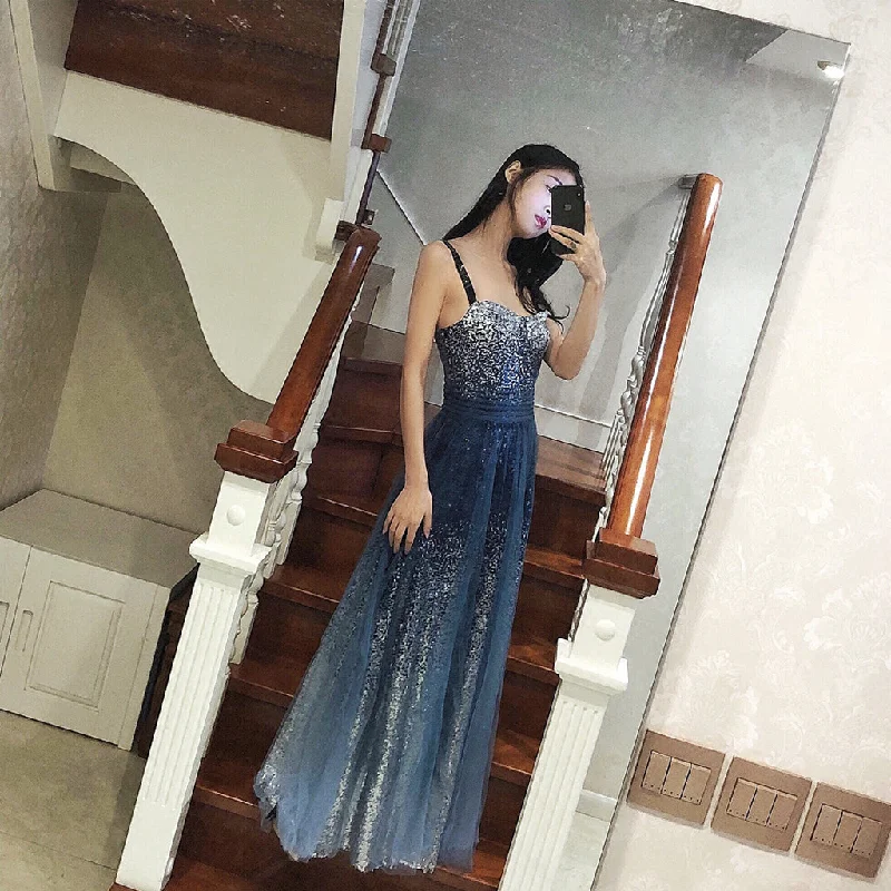 Spaghetti Straps Tulle Prom Dress, Sequin A-Line Prom Dress, Backless Prom Dress, KX311 Tunics Distressed trendy