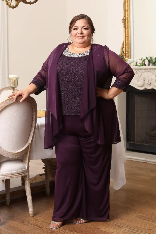 R&M Richards Women's  Plus Size Beaded Neck 3 Piece Long Pant Set Casual Sweatpants Style