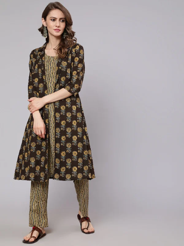 Women's Olive & Grey Printed Kurta & Pant With Jacket Set - Aks Fleece Jacket Down Jacket Feather Jacket