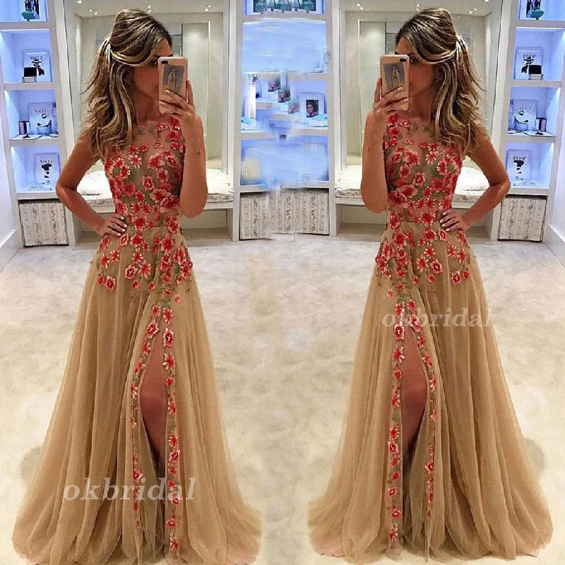 Tulle Sleeveless Prom Dress, Side Split Prom Dress, A-Line Prom Dress, Applique Prom Dress, KX60 Tunics Cozy soft