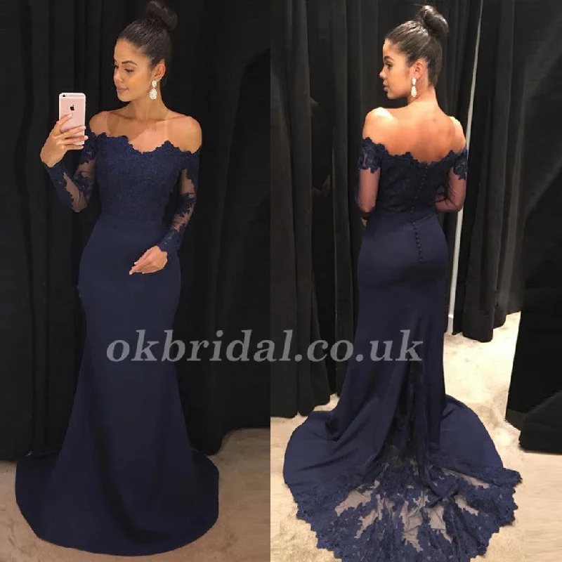 Off Shoulder Long sleeve Prom Dress, Satin Tulle Prom Dress, Applique Mermaid Prom Dress, KX107 Tunics Fall fleece