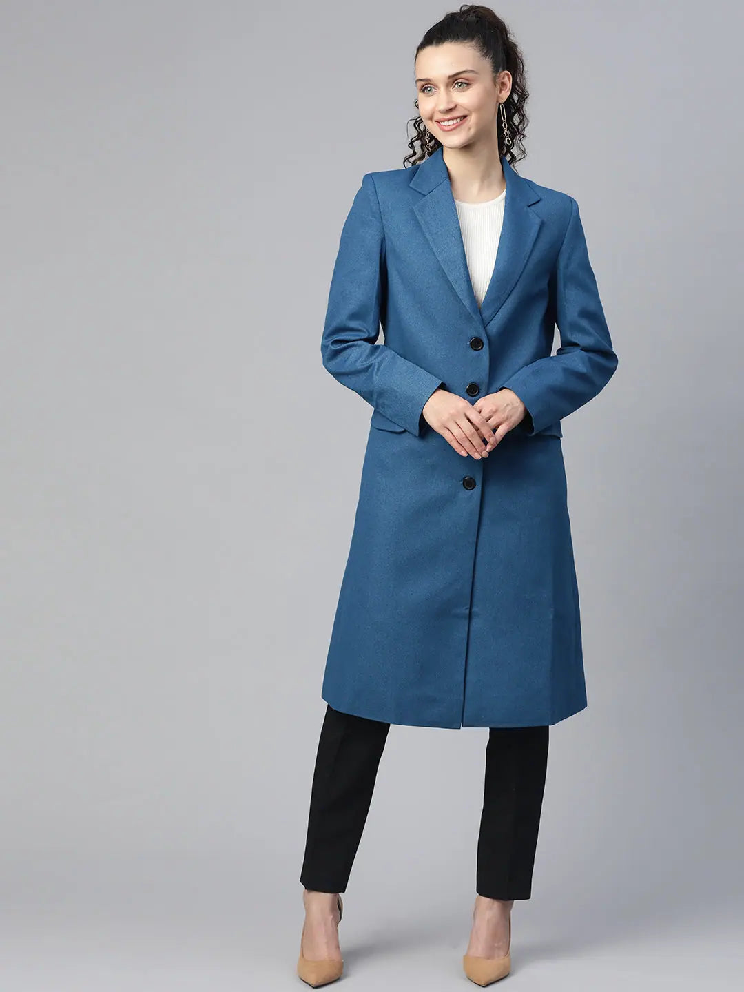 Women Solid Standard Teal Collared Neck Full Sleeve Jacket Tiered Jacket Buttoned Jacket Zippered Jacket