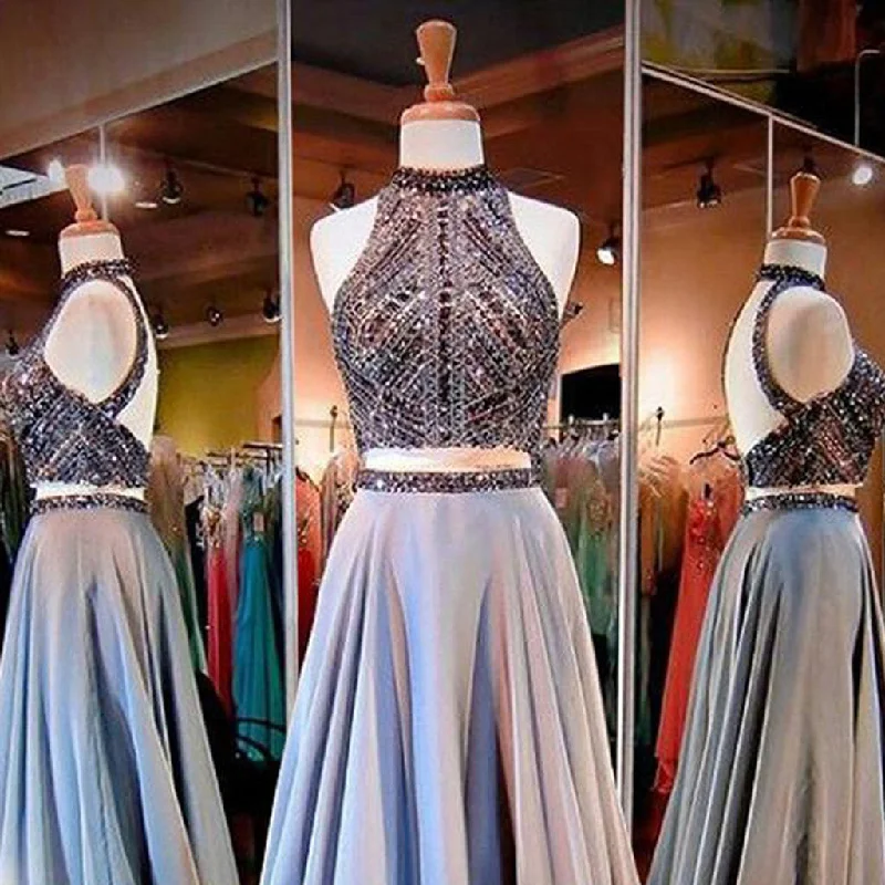 Satin Prom Dresses, A-Line Two Pieces Evening Dresses, Beaded Backless Prom Dress, LB0544 Tunics Sophisticated sleek