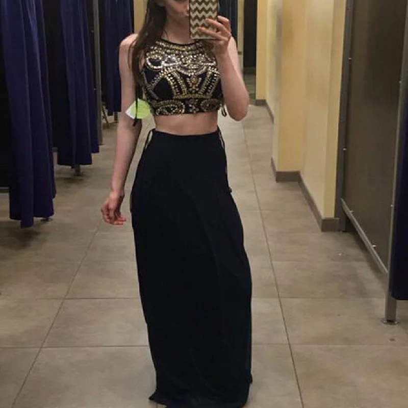 Black Two Pieces Evening Prom Dresses, Sexy Gold Beaded Party Prom Dress, Custom Long Prom Dresses, Cheap Formal Prom Dresses, 17067 Tunic Top Casual