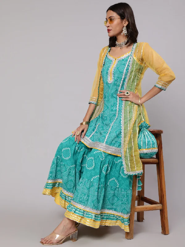 Women's Blue & Yellow Bandhani Printed Kurta Sharara With Organza Jacket & Potali Bag - Aks Print Jacket Jacquard Jacket Patchwork Jacket
