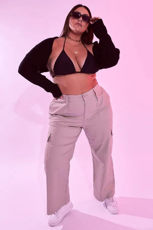 Beige Cargo Pants Mid Rise Casual Wide Pants