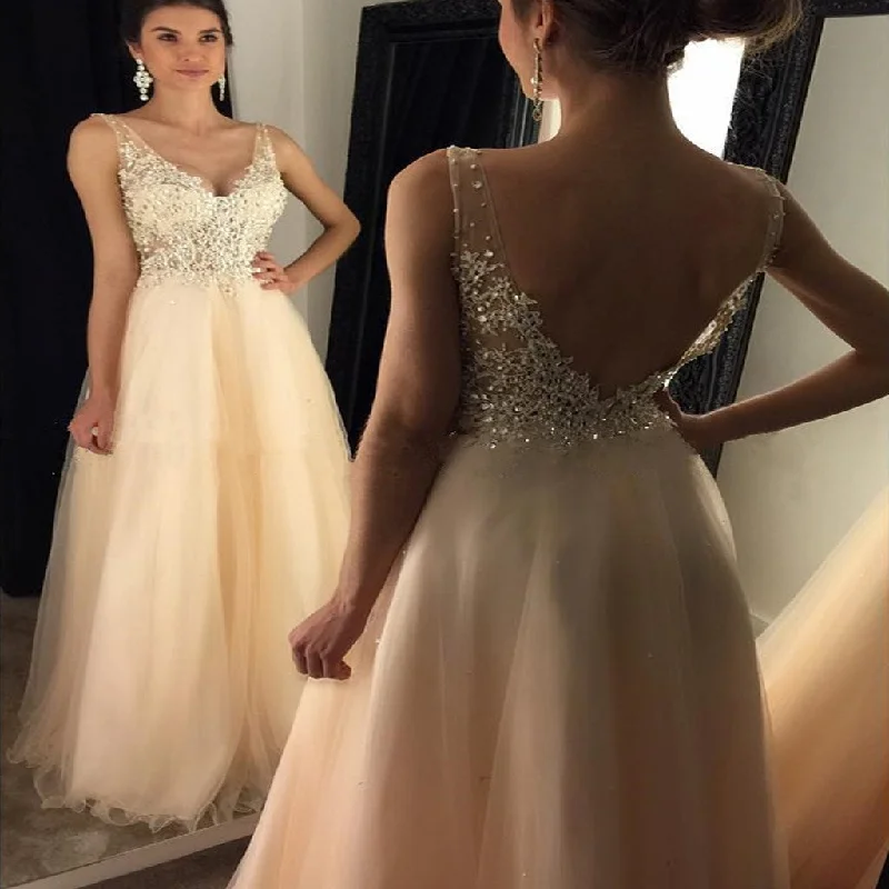 V-Neck Tulle Prom Dress, Backless Prom Dress, Beaded Prom Dress, Sleeveless Prom Dress, KX102 Tunics Trendy modern