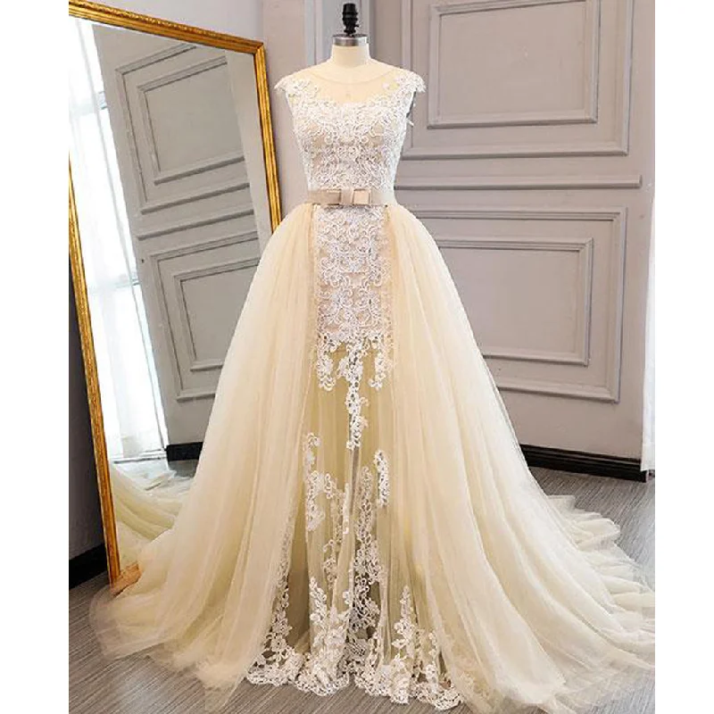 Cap Sleeve A-Line Tulle Prom Dresses, Lace Floor-Length Elegant Prom Dresses, KX258 Tunics Bridal satin