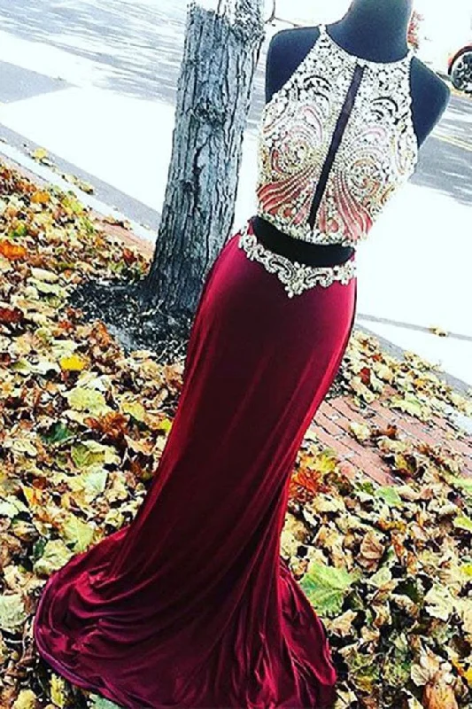 Sexy Two Pieces Red Beaded Evening Prom Dresses, Long Beaded Party Prom Dress, Custom Long Prom Dresses, Cheap Formal Prom Dresses, 17056 Off-the-shoulder Chic Trendy