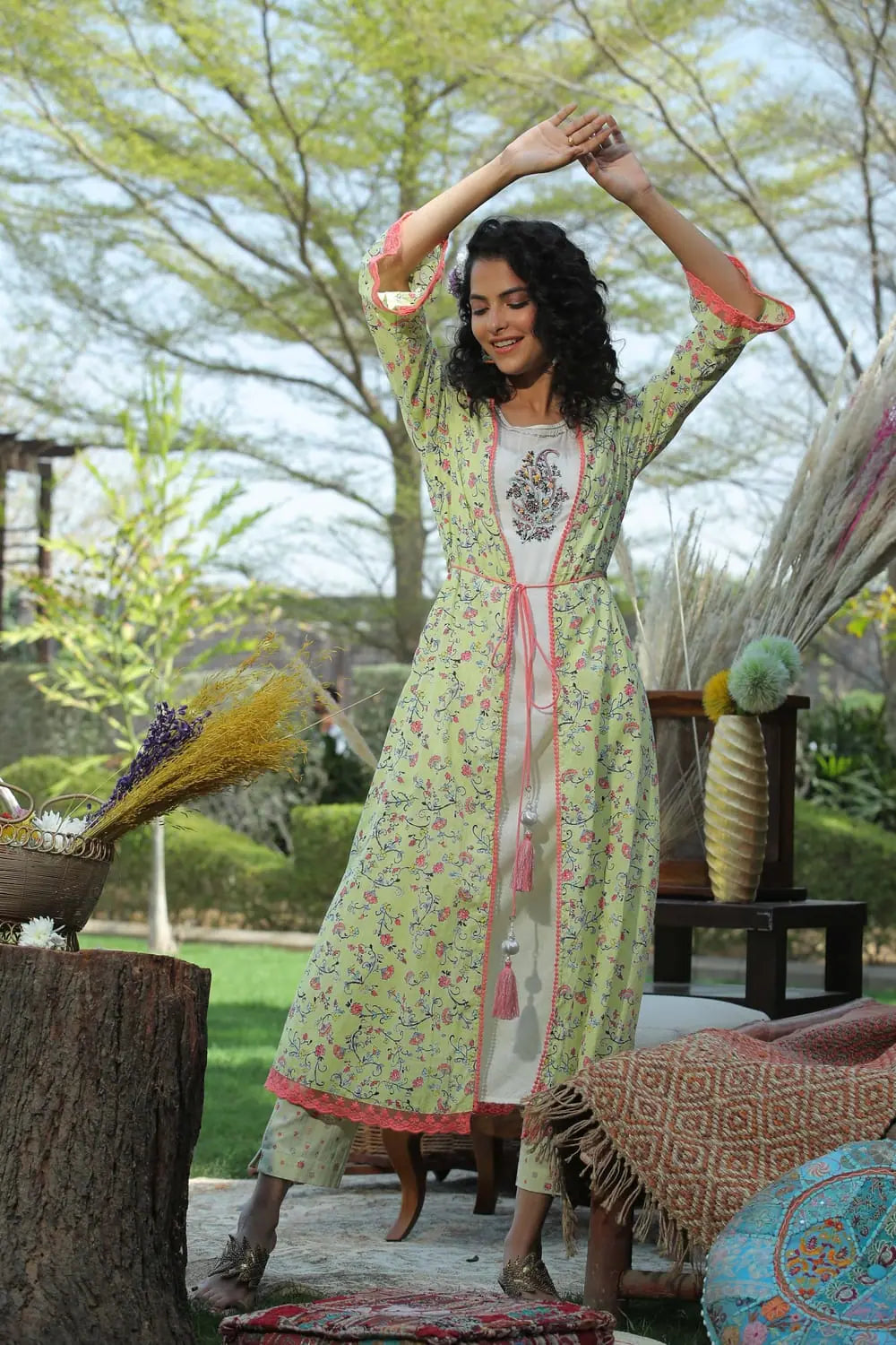 Juniper Limegreen Cambric & Rayon Printed Jacket Style Kurta Pant Set Chenille Fabric Brocade Fabric Lace Fabric Juniper Limegreen Cambric & Rayon Printed Jacket Style Kurta Pant Set Chenille Fabric Brocade Fabric Lace Fabric