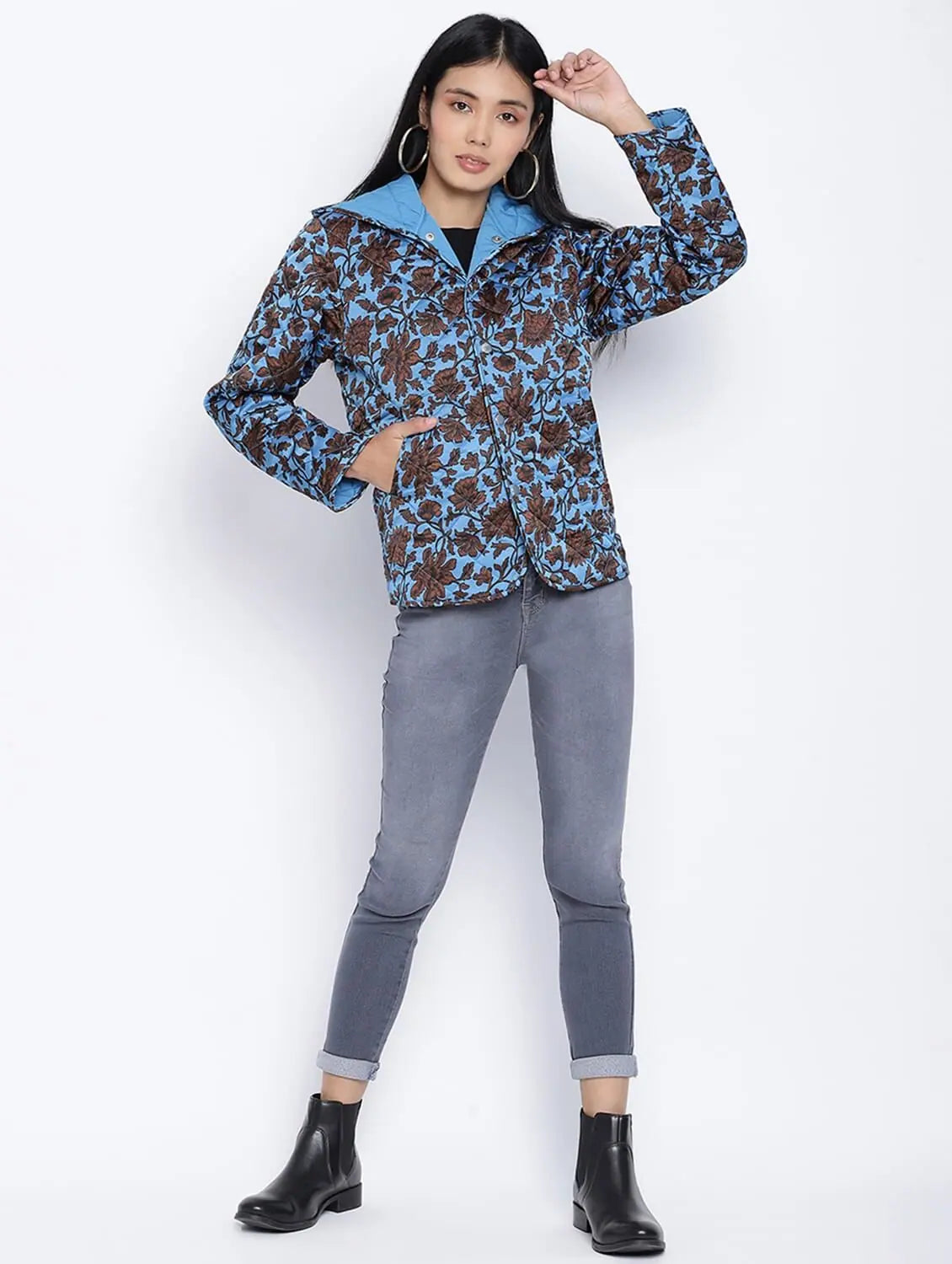 Women Printed Blue Collared Neck Full Sleeve Jacket Denim Jacket Leather Jacket Suede Jacket