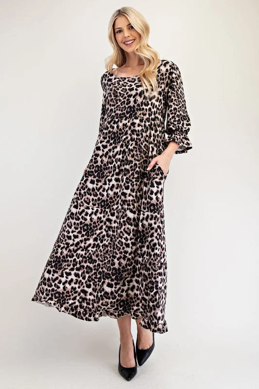Hazel Blues® | Celeste Leopard Round Neck Flounce Sleeve Dress Tunics Luxurious high-end Hazel Blues® | Celeste Leopard Round Neck Flounce Sleeve Dress Tunics Luxurious high-end