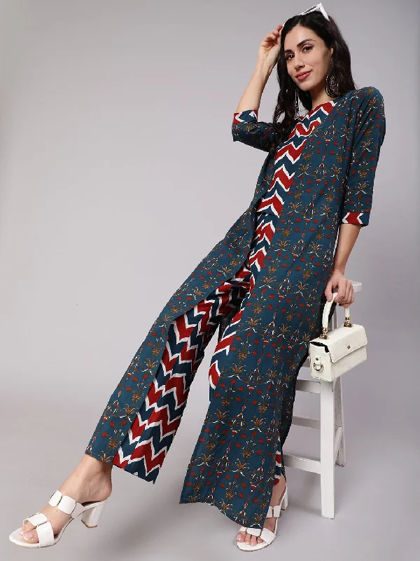 Women's Blue & Maroon Zig-Zag Printed Top & Palazzo With Jacket Set - Aks Boat Neck Shawl Collar Notched Collar