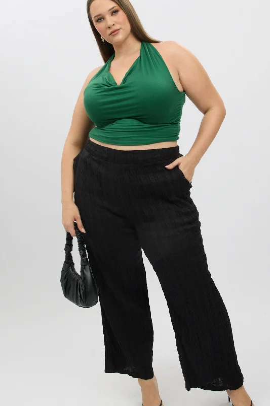 Black Crinkle Texture Wide Leg Pants Modern Stretch Trousers