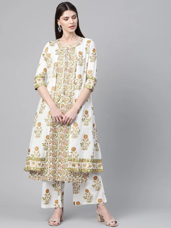 Women's  White & Olive Green Foil Printed Kurta with Palazzos & Ethnic Jacket - AKS Zippered Jacket Buttoned Jacket Snapped Jacket
