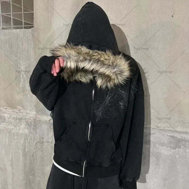 Advbridge Vintage Harajuku Y2K Streetwear Women Gothic Punk Cross Print Fur Collar Zipper Hoodie Hip-hop Fashion Casual Loose Sweatshirt Hoodie with Fur Luxurious Winter Advbridge Vintage Harajuku Y2K Streetwear Women Gothic Punk Cross Print Fur Collar Zipper Hoodie Hip-hop Fashion Casual Loose Sweatshirt Hoodie with Fur Luxurious Winter