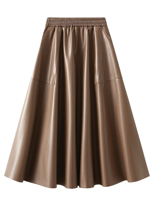 Retro Style Large Pocket Leather Skirt belted skirt waist