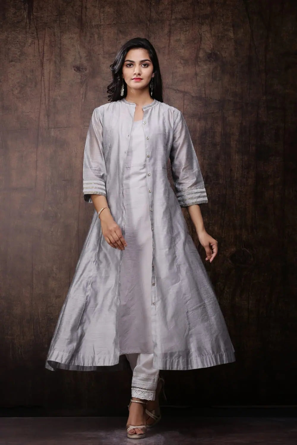 Juniper Grey Chanderi Embellished Jacket Style 2 Piece Kurta Print Jacket Jacquard Jacket Embroidered Jacket