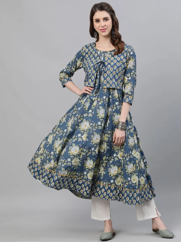 Women's Blue & Yellow Floral Printed Anarkali With Jacket - AKS Insulated Jacket Fitted Jacket Loose Jacket