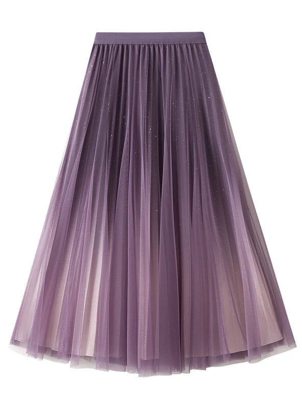 Starry Gradient Pleated Gauze Skirt high waist skirt