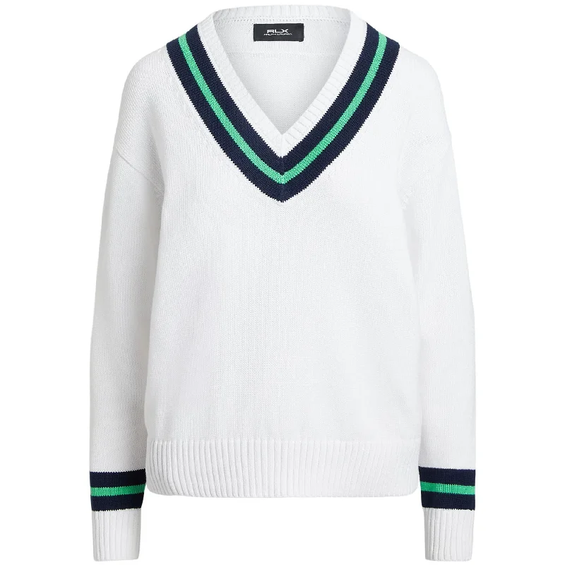 Womens RLX V-Neck Cotton Knitted Sweatshirt White - SS24 Hoodie with Pattern Geometric Abstract