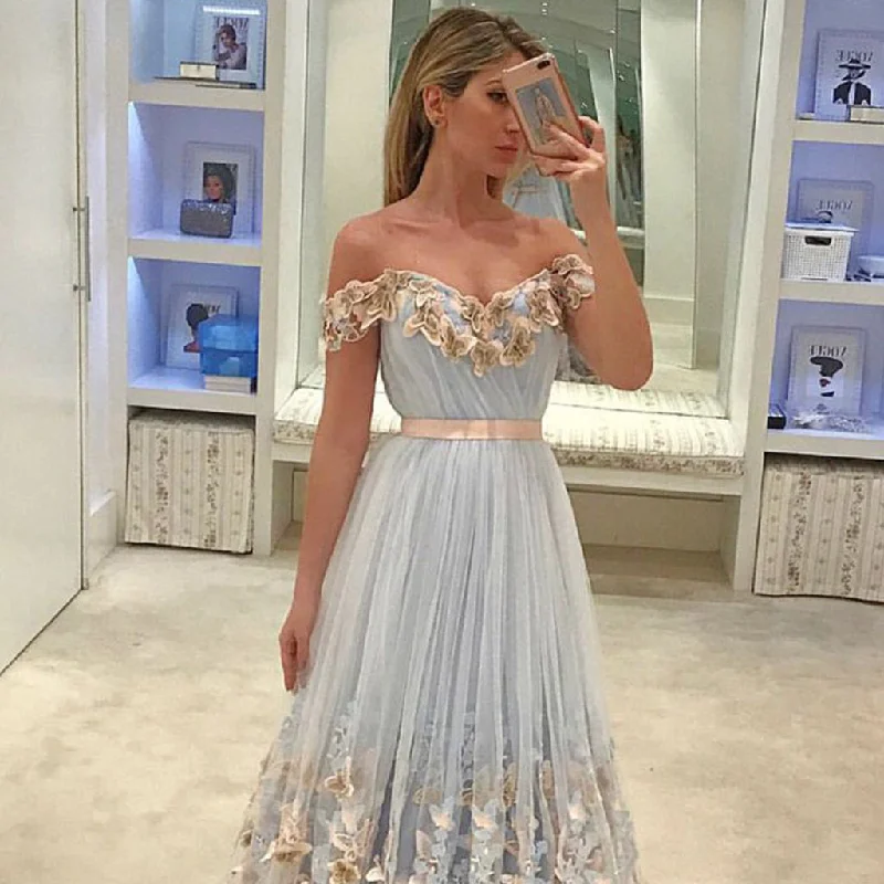 Tulle Prom Dresses, Off Shoulder Prom Dresses, Applique A-Line V-Back Prom Dress, LB0665 Tunics Hiking breathable