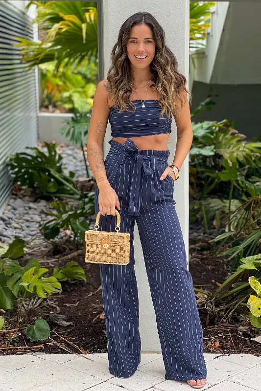 Navy Striped Smocked Top And Pants Set Elegant Trouser Pants