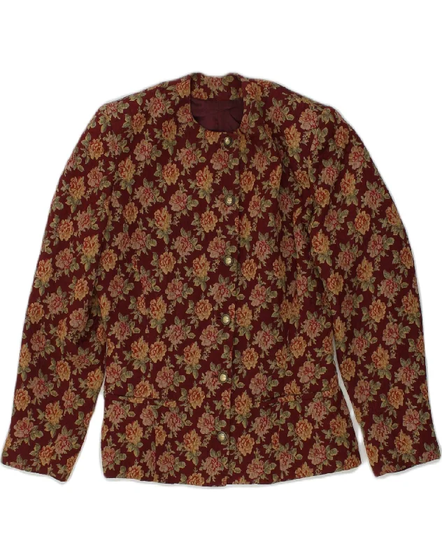 VINTAGE Womens 6 Button Blazer Jacket UK 14 Large  Maroon Floral Wool Quilted Jacket Puffer Jacket Insulated Jacket