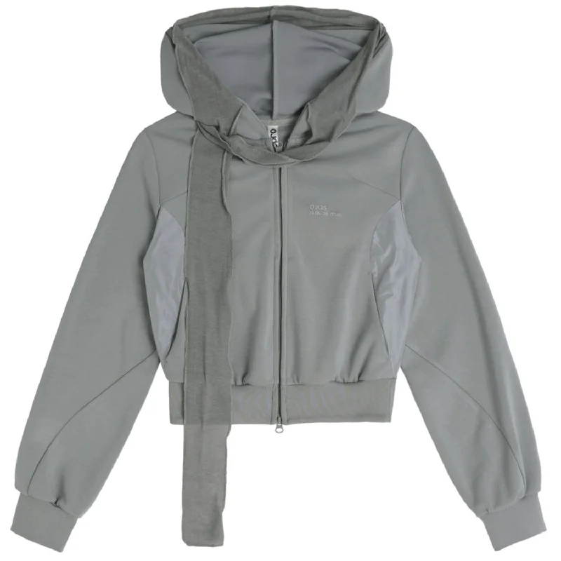 Muffler Boxer Crop Hoodie Grey Hoodie with Hem Applique Textured Unique