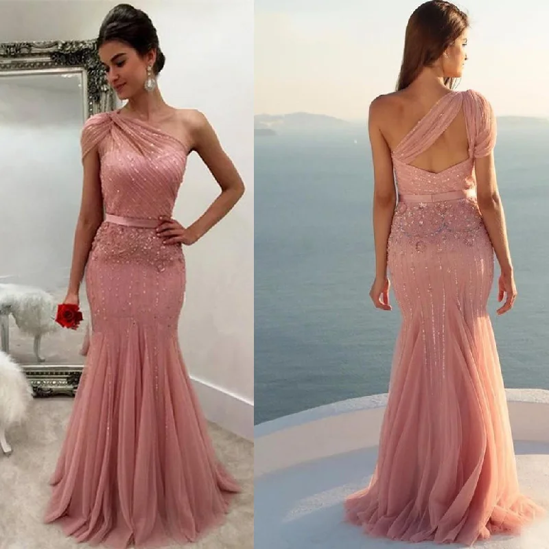 One Shoulder Tulle Prom Dress, Beaded Prom Dress, Mermaid Prom Dress, KX328 Tunics Mesh breathable