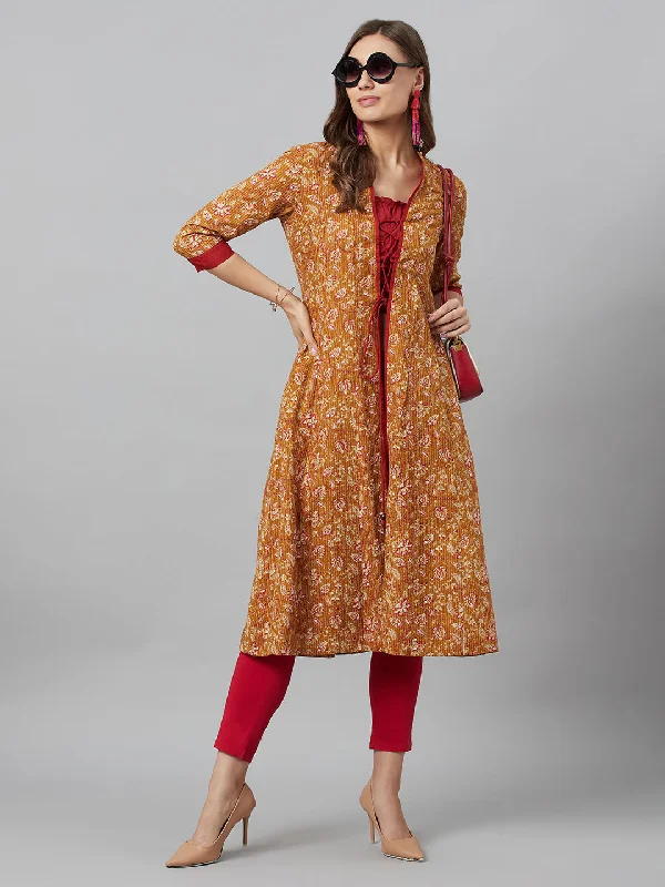 Women's Mustard Floral Print Kantha Work A-Line Jacket - Aks Knit Jacket Woven Jacket Fleece Jacket